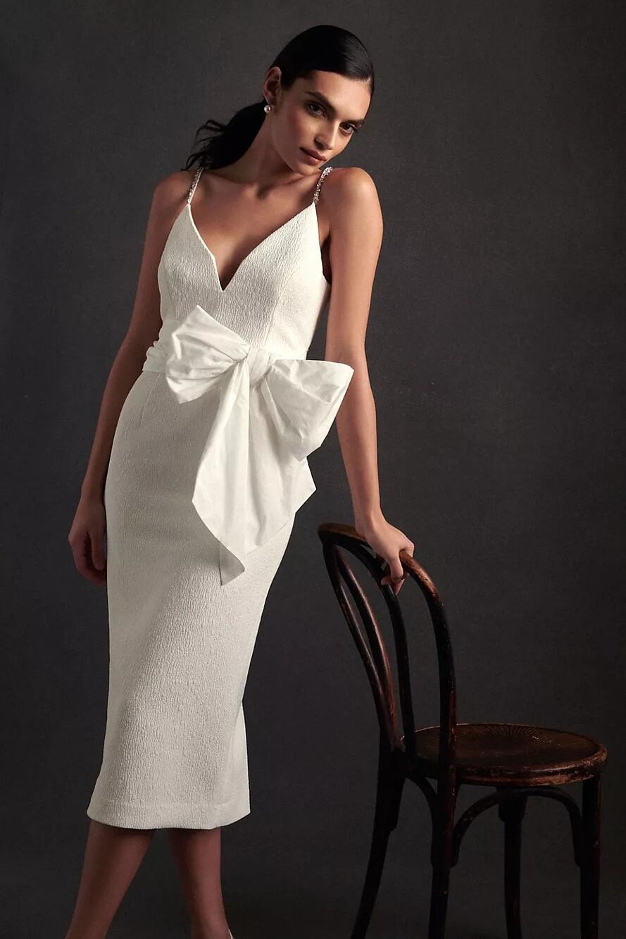New Rebecca Vallance Genevieve Bow V-Neck Sheath Midi Dress $630 SIZE 8 White